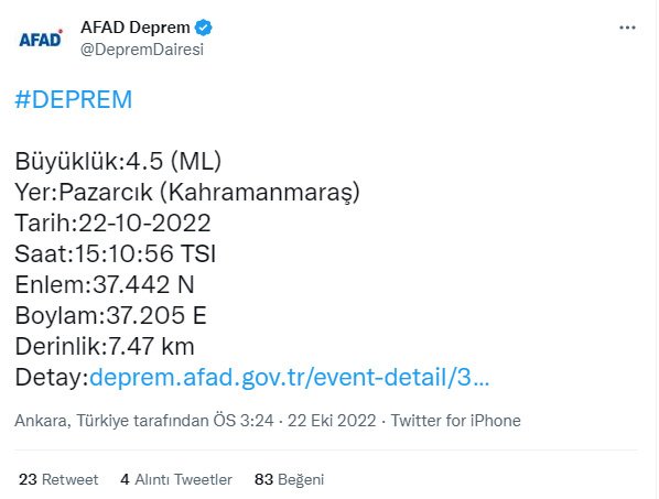 son dakika deprem haberi: kahramanmaraş pazarcık'ta 4.5 büyüklüğünde korkutan deprem!