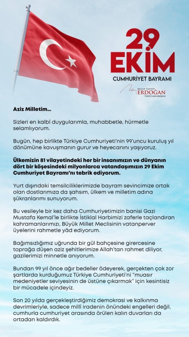 Recep Tayyip Erdoğan'dan 29 Ekim Mesajı