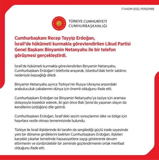 cumhurbaşkanı erdoğan binyamin netanyahu ile telefon görüşmesi gerçekleştirdi
