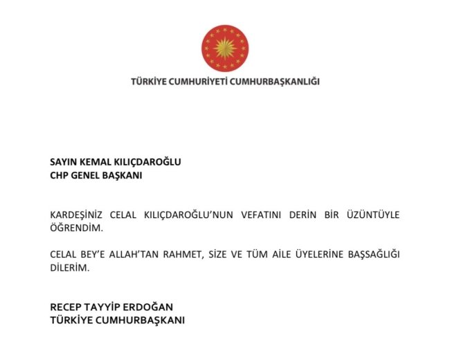 cumhurbaşkanı erdoğan'dan kılıçdaroğlu'na taziye mesajı