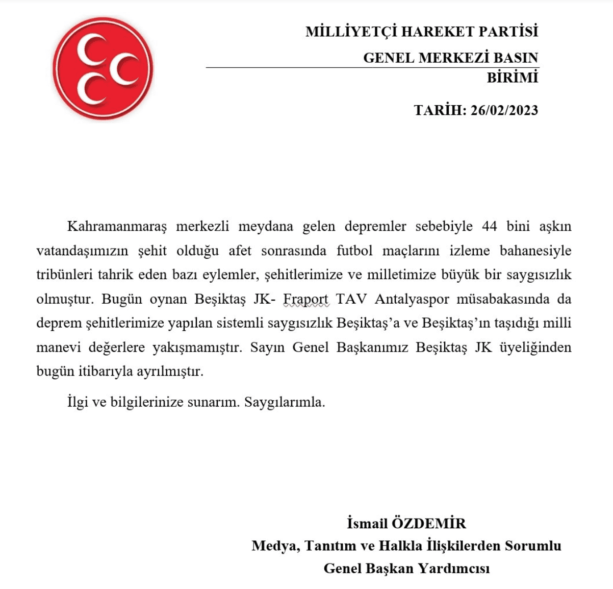 Devlet Bahçeli, Beşiktaş’tan istifa etti