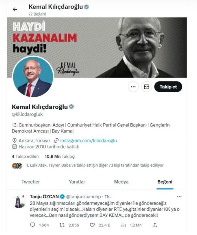 Kılıçdaroğlu, Tanju Özcan’ın ‘sığınmacı’ paylaşımını beğendi