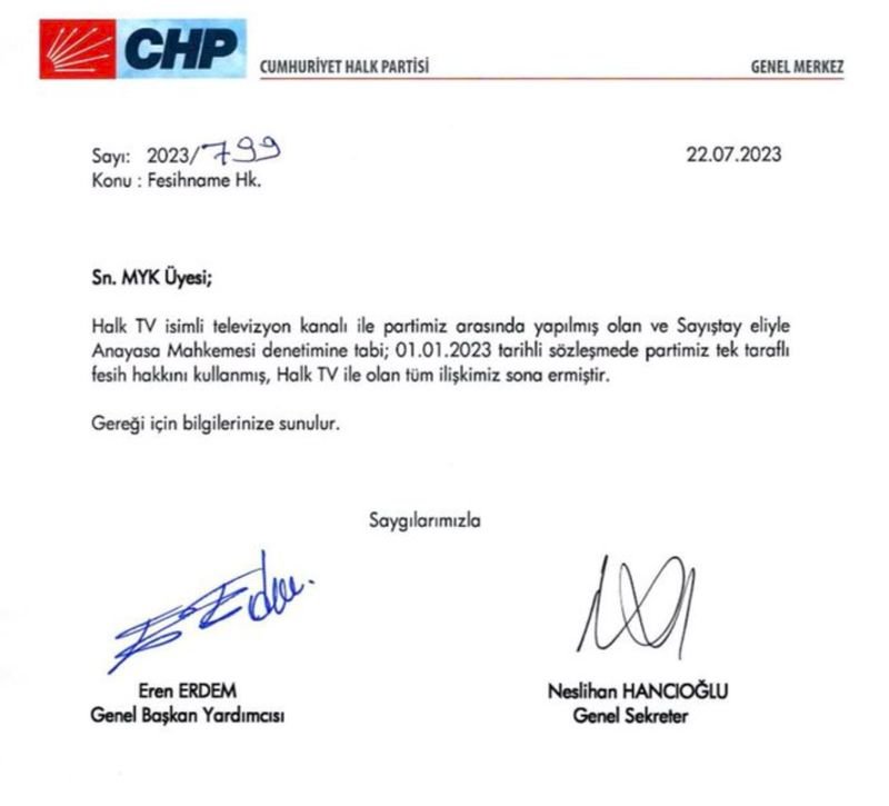 CHP, Halk TV ile sözleşmesini feshetti